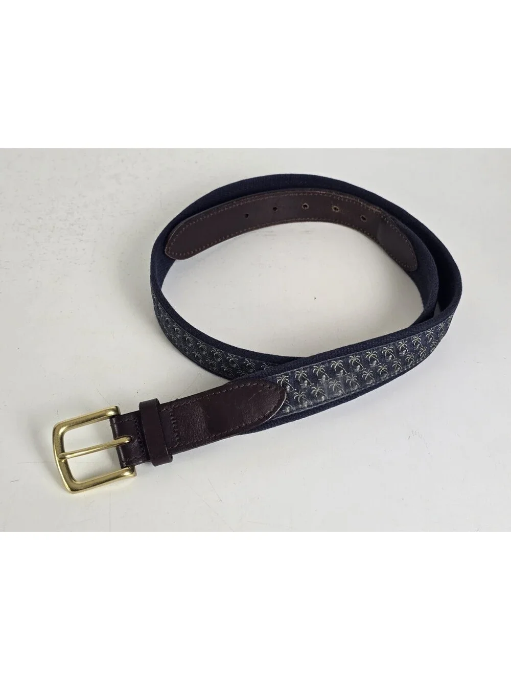 Vineyard Vines Size 42 Belt Made in USA Brown Leather Blue Canvas Palm Tree VGC
